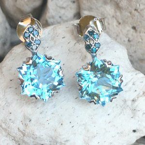 Wobito Snowflake Topaz & Diamond Earrings 9K White Gold Genuine Gems Sky Blue